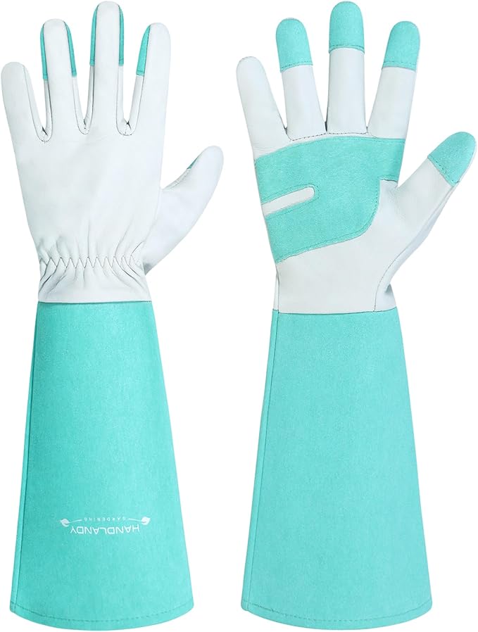 HANDLANDY Long Gardening Gloves for Men & Women, Thorn Proof Rose Pruning Gloves Leather Gauntlets Garden Glove Yard Work Glove (Teal Green, Small)