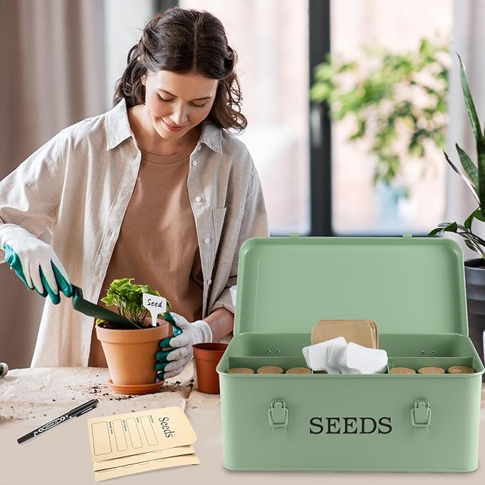 Seed Storage Box, Metal Seed Bin Seed Storage Organizer, 4 Dividers Seed Container with Safety Lock, Seed Box with Professional All-in-one Kit, Green