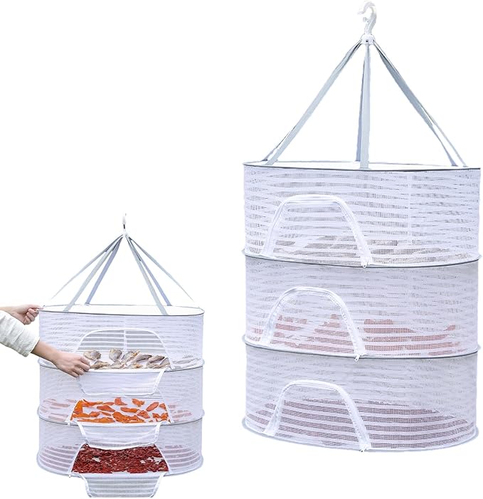 Herb Drying Rack, 3 Layer Foldable Hanging Mesh Net with Zipper, Outdoor Drying Rack Mesh Dryer for Drying Herb Vegs Fruits Bud Plants(Size:M)