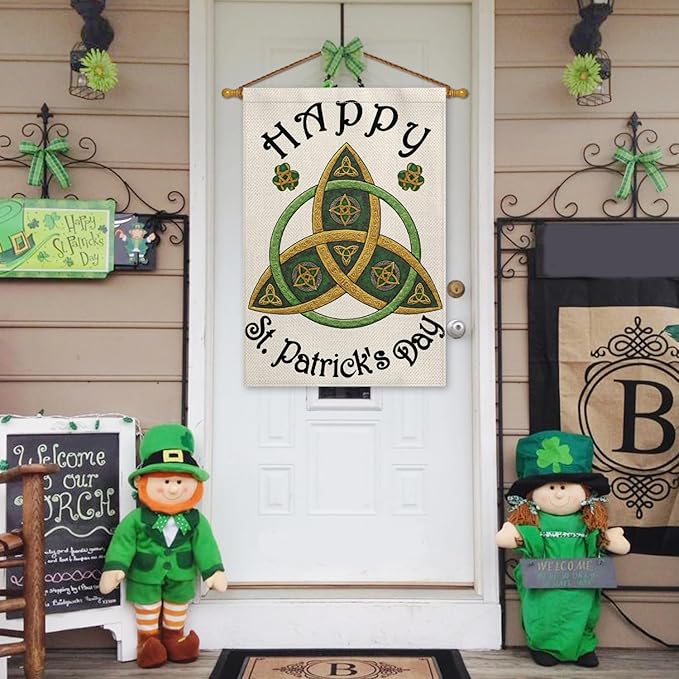 AVOIN colorlife Trinity Happy St Patricks Day House Flag 28x40 Inch Double Sided Outside, Shamrock Clover Welcome Yard Outdoor Decoration
