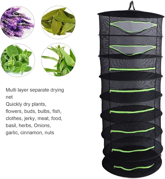 Herb Drying Rack, Opening Design, Fluorescent Green Zipper Cover, Multifunctional Wateright Hanging Mesh, Herb Dry Net for Garden (8 Layer)