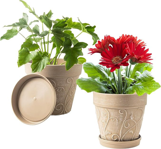 Melphoe Plant Pots Indoor with Drainage & Saucer, 2Pack 8 inch Flower Pots Outdoor Planters for Indoor Plants Garden Home Decor Cactus Succulent, Rigid Plastic (Imitation-Terracotta) Vine-Embossed