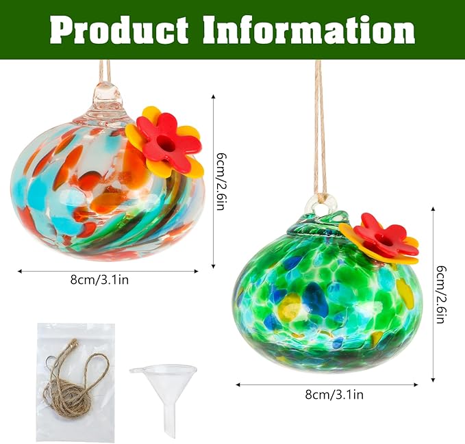 2 Pcs Blown Glass Hummingbird Feeder for Outdoors Hanging, Ant & Bee Resistant Window Bird FeederHandmade Garden Decor Gift for Women - Small Round Glass Feeders Bundle (Ellipse A2)