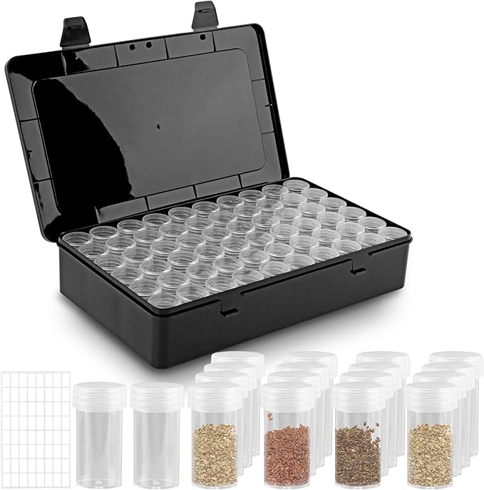 Seed Storage Box with 60 Bottles and Label Stickers, Opaque Light Proof Seed Organizer, Garden Pip Saver kit Seed Container Storage for Flower Plants Vegetable Seed Saving
