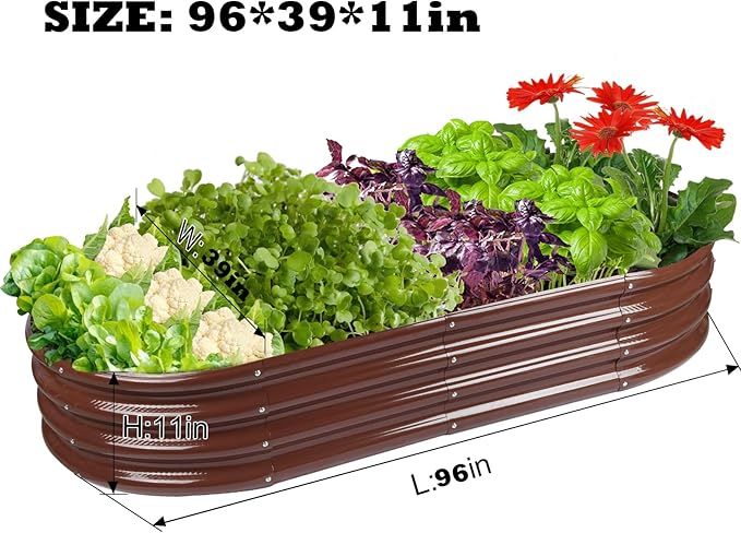 Raised Garden Bed GRS Certified Galvanized Planter Box Outdoor, 8ft Oval Rot-Resistant Metal Garden Bed Planter, Recycled Eco-Friendly Material Planter for Vegetables Flowers Herbs (Brown)