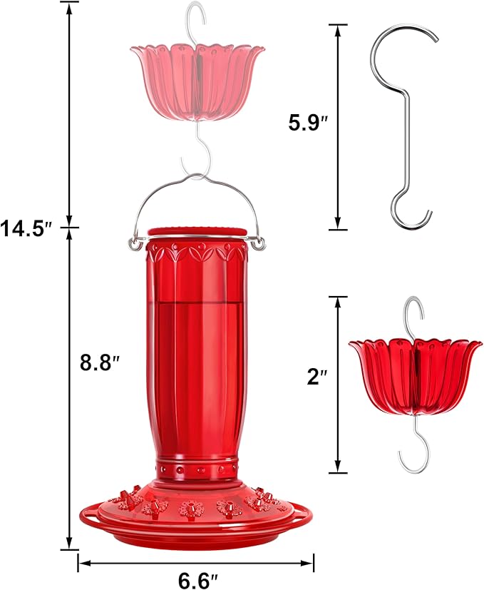 iBorn Hummingbird Feeders for Outdoors Hanging with Ant Moat for Hummingbird Feeder Glass 12 Ports for 16oz Humming Bird Nectar, Red Glass, Pack of 1