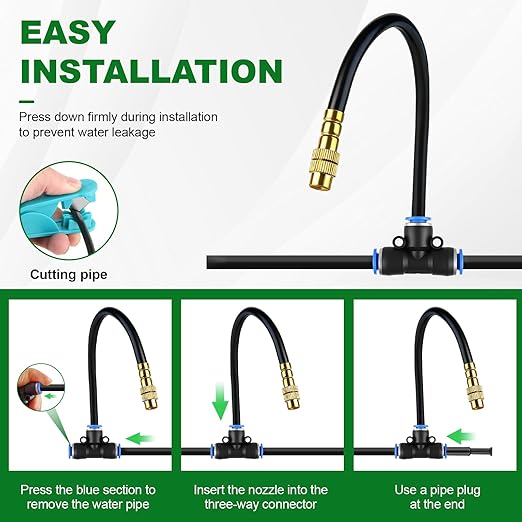 Drip Irrigation System 30FT, 1/4 inch Hose Garden Irrigation Kit with 10pcs 360° Adjustable Copper Nozzles, Upgrade Atomizing Watering System for Yard, Plants, Lawn, Greenhouses Accessories