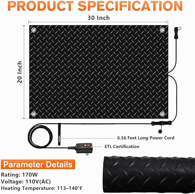 20 Inch x 30 Inch Heated Snow Melting Mat, Anti-Slip Outdoor Walkway Mat with Power Cord, Waterproof Outside Ice Melt Mat for Doorway Stair Step Path