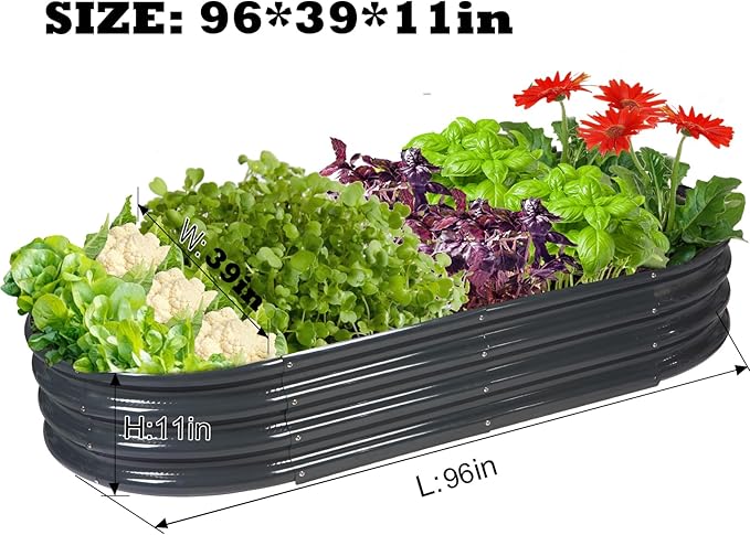 Raised Garden Bed GRS Certified Galvanized Planter Box Outdoor, 8ft Oval Rot-Resistant Metal Garden Bed Planter, Recycled Eco-Friendly Material Planter for Vegetables Flowers Herbs (Grey)