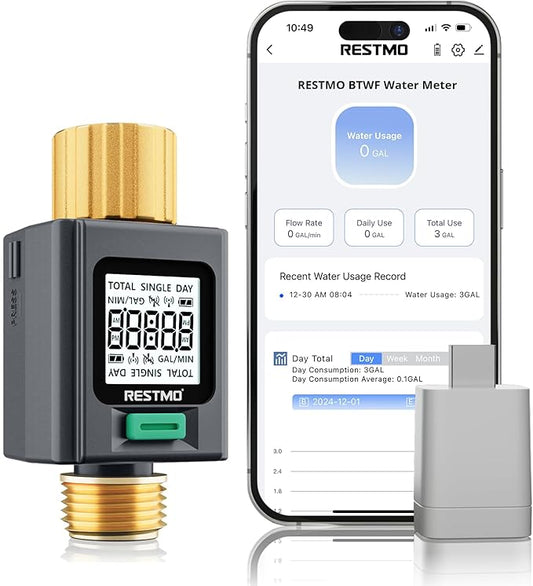 RESTMO Smart Water Flow Meter with Screen Backlight, Brass Inlet & Outlet, Measuring Gallon/Liter Consumption & Flow Rate for Garden Watering, RV Filling, Sprinklers & Nozzle - 2.4Ghz WiFi Connection