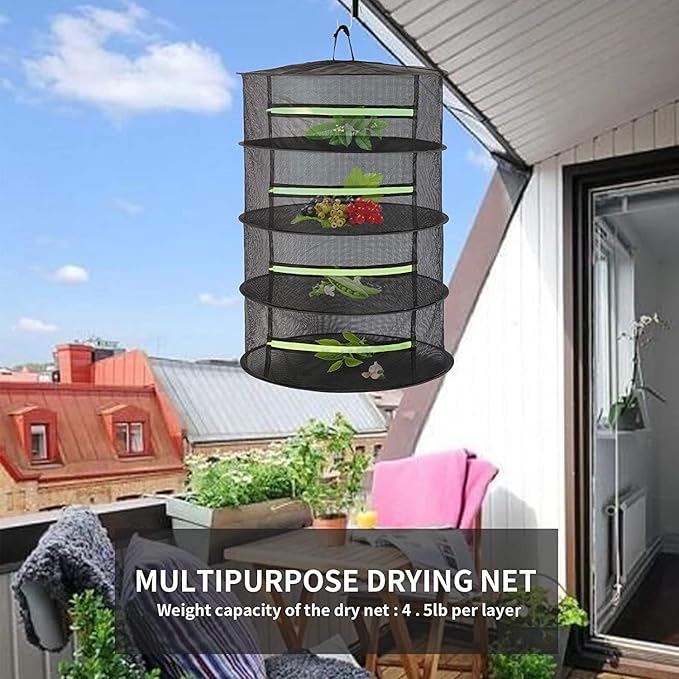 2ft 4-Layer Herb Drying Rack with Zipper, Collapsible Hanging Mesh Plant Dryer Net Basket with Garden Gloves, Pruning Scissors & Hook for Drying Seed, Bud, Hydroponic Plants