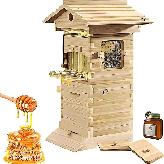 Beehive Starter Kit,Self-Flowing Honey Beehive with Observation Window and Honey Spout, Includes Carpenter Bee House,Self-Flowing Honey Hive,for Garden Pollinators