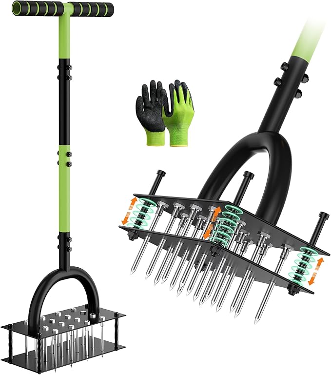 Lawn Aerator Manual Aerator Lawn Tool with 16 Spikes, Metal Grass Aerator for Yard, Lawn Aeration, Automatic Soil Ejection, Pre-Assembled Lawn Aerator Tool (Black Green)