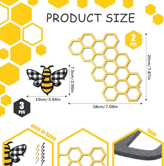 Peryiter 5 Pcs Metal Bee Wall Art Farmhouse Honey Bee Honey Comb Decor Wire Metal Wall Decor Hanging for Living Room Garden Bedroom Office Home(Stylish Color)