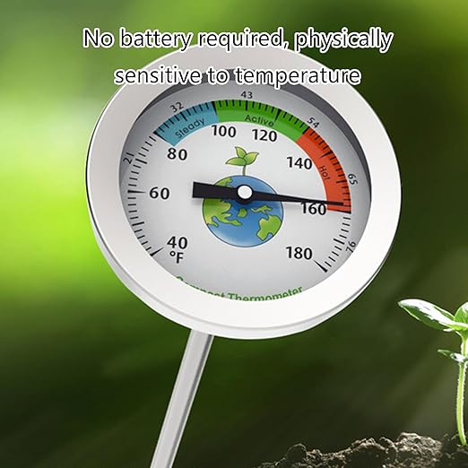 8 Inch Long Stem Soil Compost Thermometer Stainless Steel Temperature Probe 40-180°f Gauge for Backyard Gardening Farming Seeding Transplanting No Battery Needed