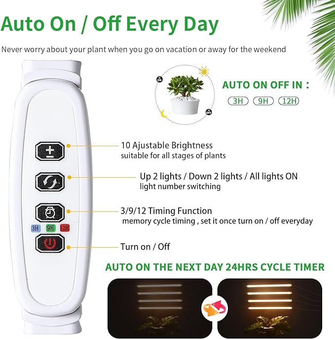 LED Plant Growing lamp, 3500K Full Spectrum Grow Light Strips for Indoor Plants with 3/9/12H Timer & 10 Dimmable Levels, Led Growth Light for Green House Hydroponics Succulent 13In 4Head