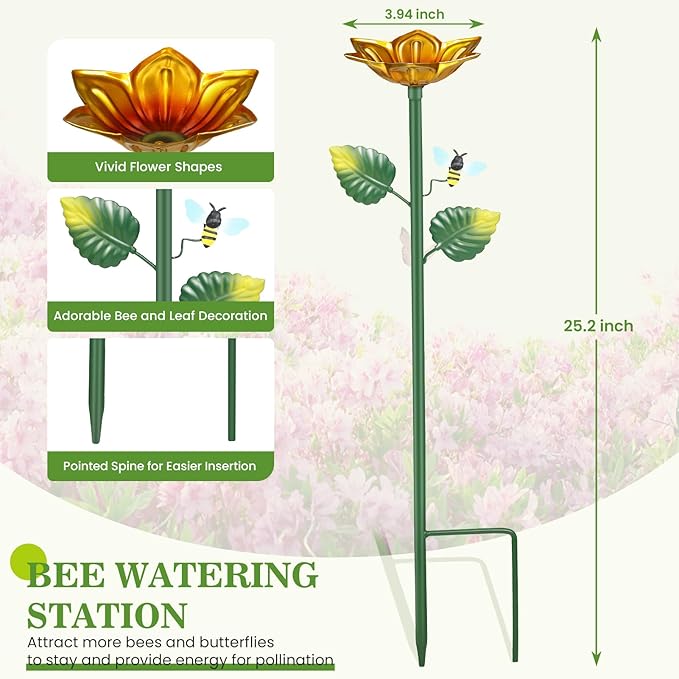 4 Pack Bee Watering Station Metal Butterfly Bee Water Feeder Cup, Maansfy Vivid Flower Butterfly Bath Bowl Bee Watering Cups for Thirsty Pollinators Outdoor Garden Yard Decor
