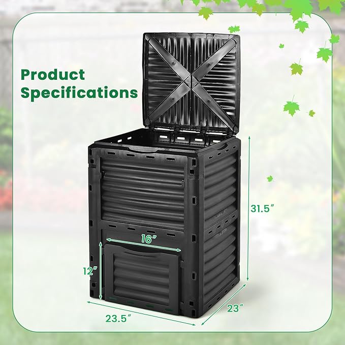 Compost Bin Outdoor, 80 Gallon Garden Compost Bin with Top Lid & Bottom Door, Aerating Outdoor Compost Box Waste Container Barrel Fertilizer for Garden & Yard (Black)