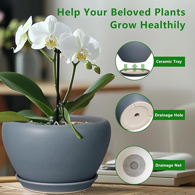 Ceramic Pots for Plants - 9 Inch Planter for Outdoor Plants Large Plant Pot Indoor with Drainage Hole and Saucer Decorative Modern Flower Pot for Home Garden Decor Gray