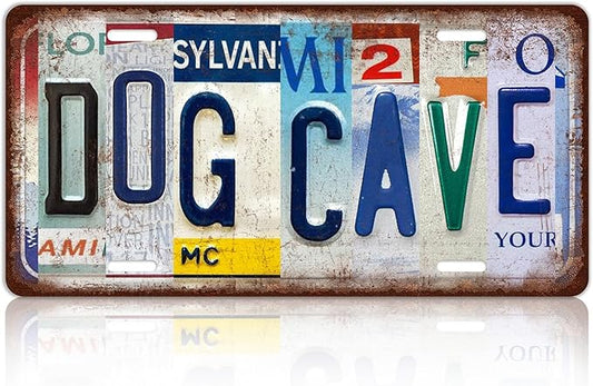 Vintage Dog Cave Metal Tin Sign License Plate Wall Decor 12 x 6 Inches