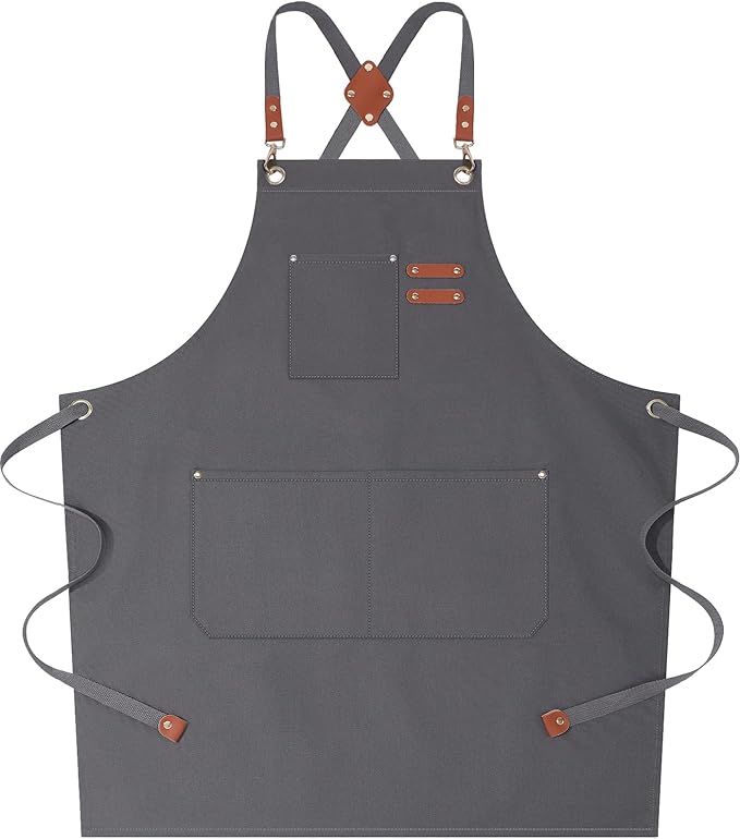 AFUN Chef Aprons for Women Men with Oversized Pockets, 12-Ounce Cotton Canvas Cross Back Water Repellent Apron (Grey)