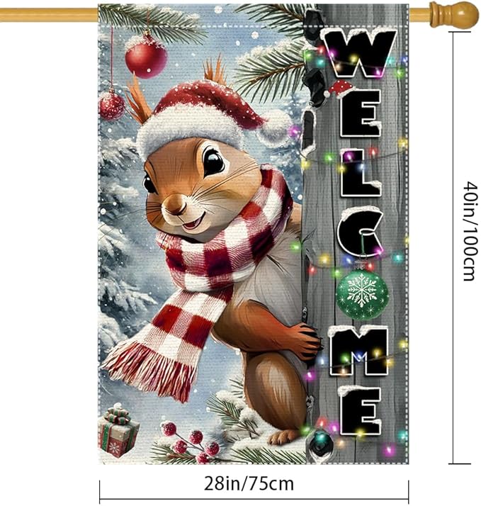 Christmas Garden Flag 28x40 inch The Nut Squirrel Welcome XMAS winter Garden Flags Yard Porch House Flag Double-Side For Home Outdoor Yard Patio Lawn Decor,Happy New Year merry Christmas banners for outside Decorations (RMQ-85, 28"X40")