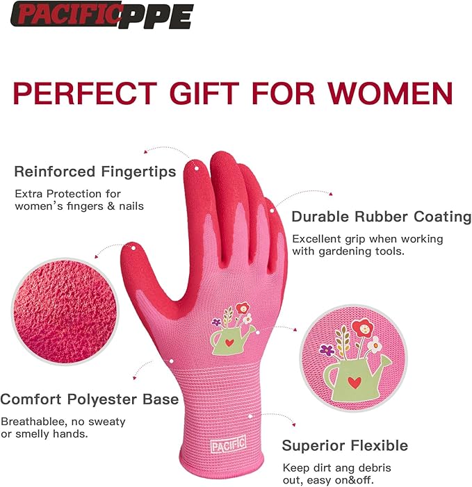 PACIFIC 6 Pairs Gardening Gloves for women, Rubber Coated Garden Gloves, Ladies Yard Work Gloves, Breathable, Purple & Yellow & Red, Medium