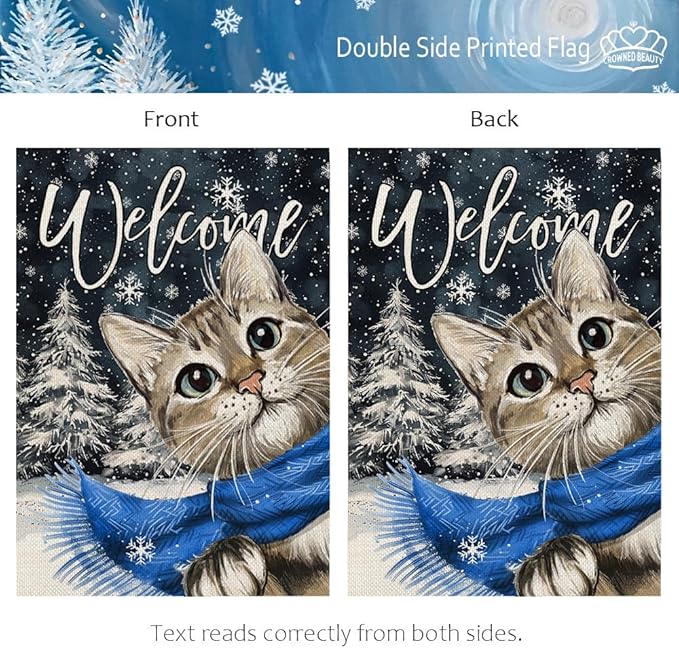 CROWNED BEAUTY Winter Cat Garden Flag 12x18 Inch Double Sided for Outside Small Welcome Burlap Holiday Yard Decoration CF1660-12