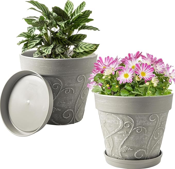 Melphoe Plant Pots Indoor with Drainage & Saucer, 2Pack 10 inch Flower Pots Outdoor Planters for Indoor Plants Garden Home Decor Cactus Succulent, Rigid Plastic (Imitation-Terracotta) Vine-Embossed