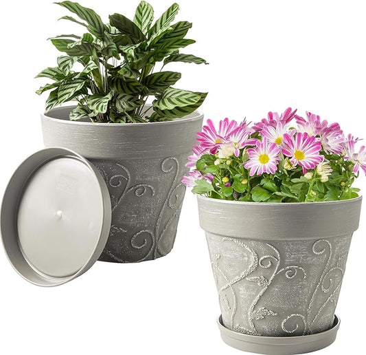 Melphoe Plant Pots Indoor with Drainage & Saucer, 2Pack 10 inch Flower Pots Outdoor Planters for Indoor Plants Garden Home Decor Cactus Succulent, Rigid Plastic (Imitation-Terracotta) Vine-Embossed