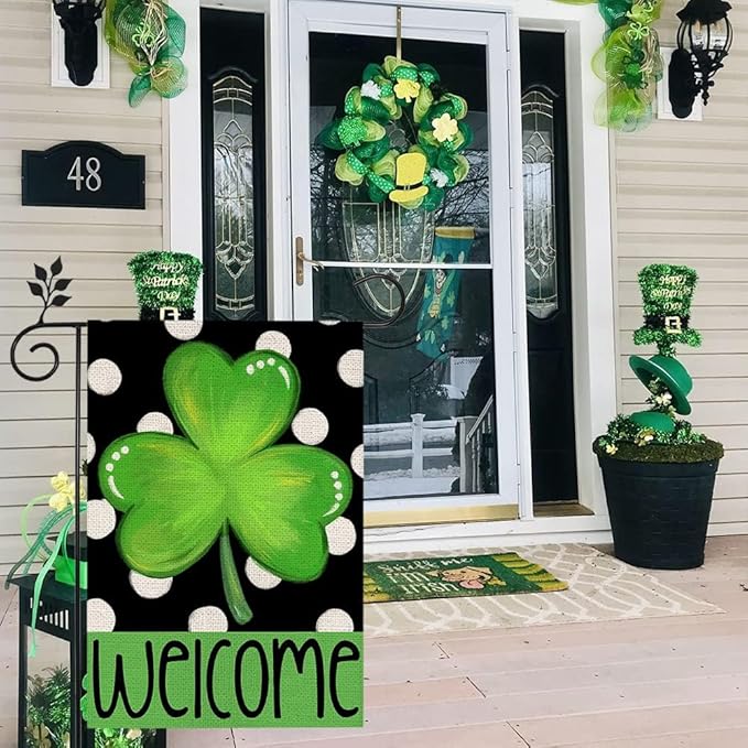 CROWNED BEAUTY St Patricks Day Shamrock Garden Flag 12×18 Inch Double Sided Green Clover Small Burlap Welcome Polka Dots Holiday Yard Flag for Outside