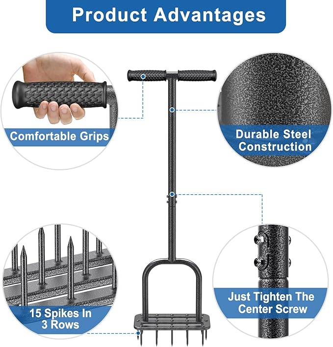 BeneLabel Spike Lawn Aerator Hand Held Spike Manual Aerator Lawn Tool with 15 Metal Spikes Grass Aerators for Yard with Wide Foot Plate & Soft Rubber T-Handle Revives Lawn Health, Loosening Soil