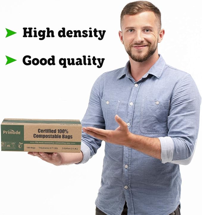 Primode Compostable Bags, 2.6 Gallon Food Scraps Yard Waste Bags, 100 Count, Extra Thick 0.71 Mil. ASTMD6400 Compost Bags Small Kitchen Trash Bags, Certified By BPI And TÜV AUSTRIA
