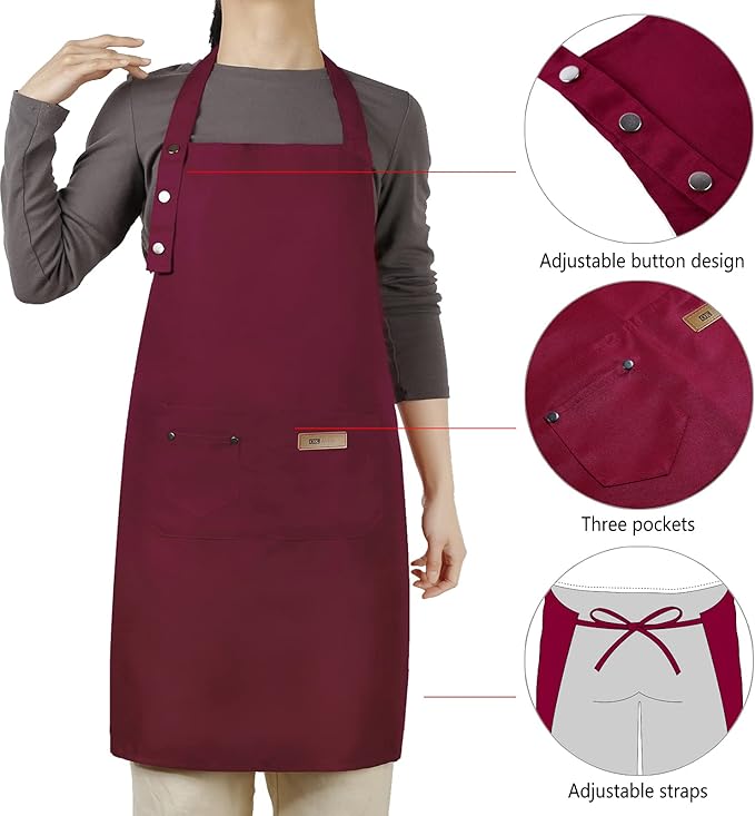 Adjustable Button Apron for Women Men Artist Painting Pottery Garden Cooking Kitchen Chef 3 Pockets Waterproof M-XXL