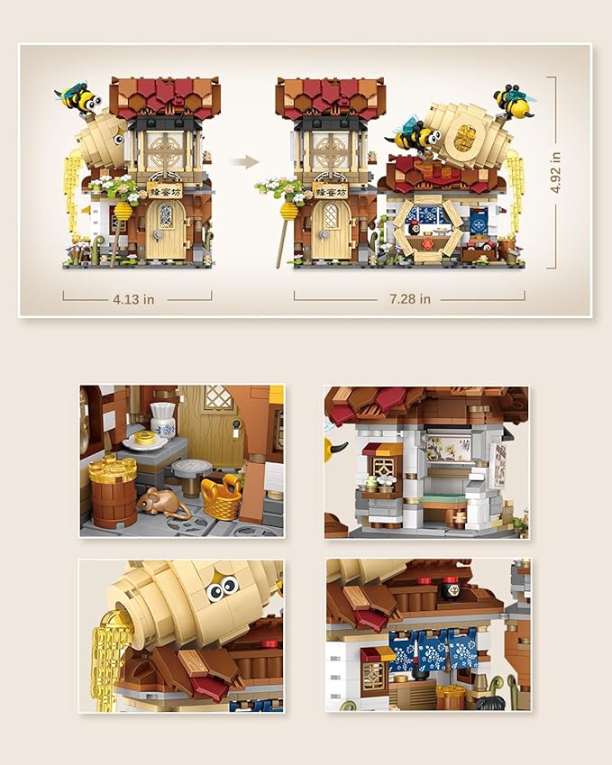 City Street View Honey Workshop Mini Building Blocks Set 1242 pcs, MOC Creative Bee Model Theme House, Simulation Architecture Toy, Gifts Idea for Kids Adults (1943)