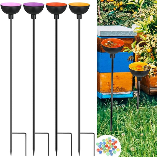 4 Pcs Bee Watering Station Butterfly Water Catcher Cups Small Insects Bee Feeders for Outside Feeding and Watering Metal Garden Stakes Garden Sculpture Decor