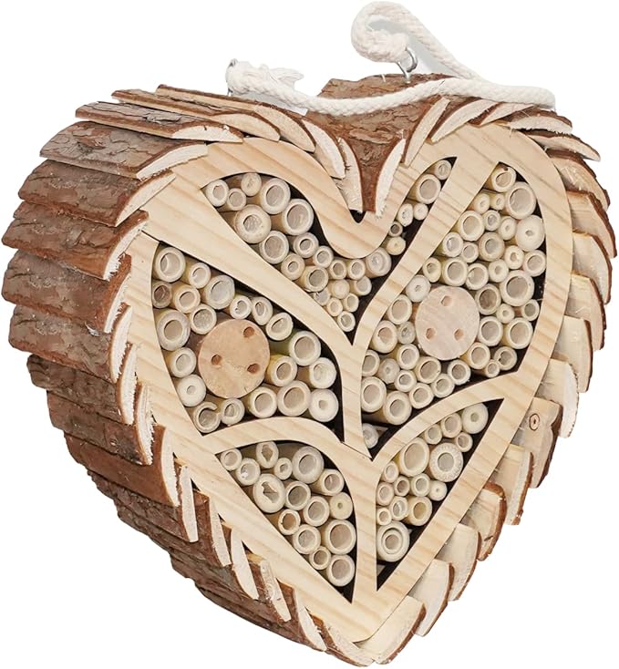 Mason Bee House, Heart-Shaped Wooden Bee House with Bamboo Tubes, Nesting Aid for Wild Bees, Natural Hanging Habitat for Pollinators, Increases Productivity in Your Garden, Brown