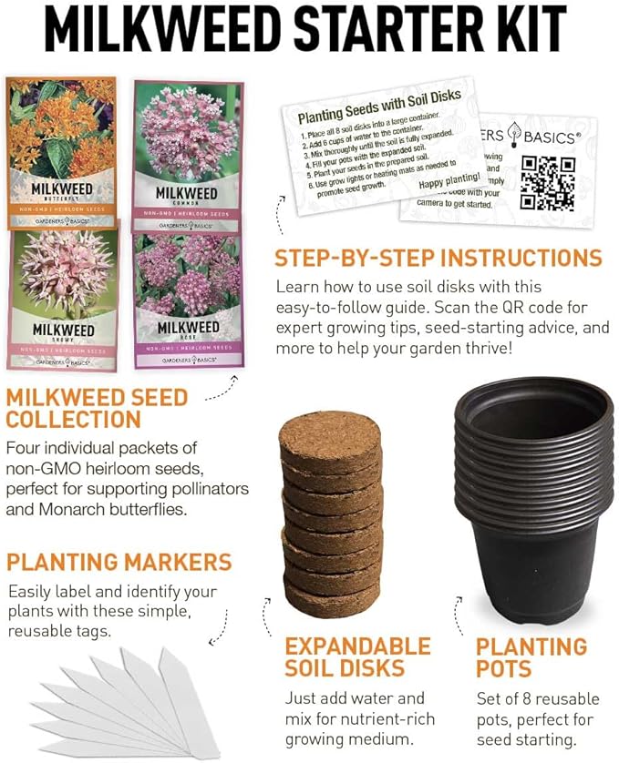 Butterfly Milkweed Seeds Starter Kit – Grow 4 Beautiful Milkweed Varieties – Non-GMO Heirloom Seeds, Complete Indoor & Outdoor Butterfly Grow Kit, Perfect for Monarch Butterflies & Pollinators