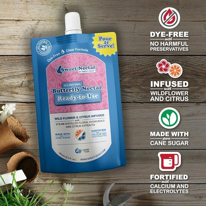 sweet-seed Butterfly Nectar (8oz / 250mL), Ready to Use - Extends The Life of Nectar for Butterfly Feeders (1-Pack)