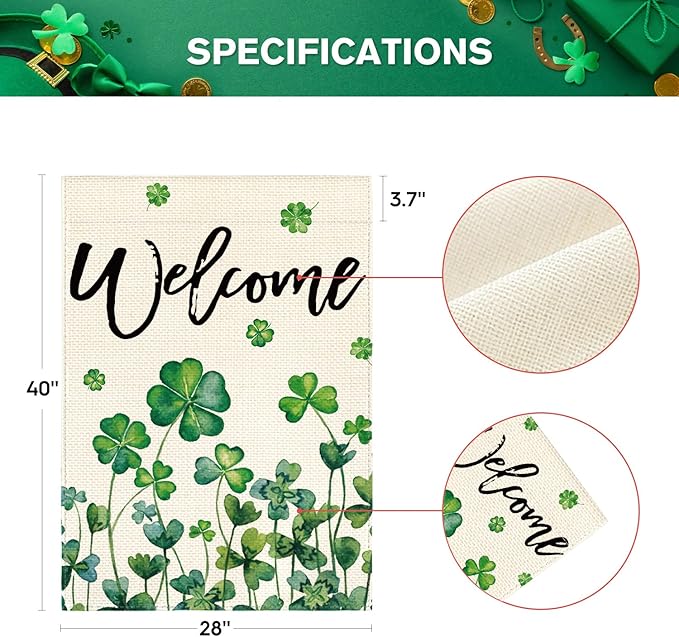 AVOIN colorlife St Patricks Day House Flag 28x40 Inch Double Sided Outside, Shamrocks Four-leaf Clovers Welcome Yard Outdoor Flag