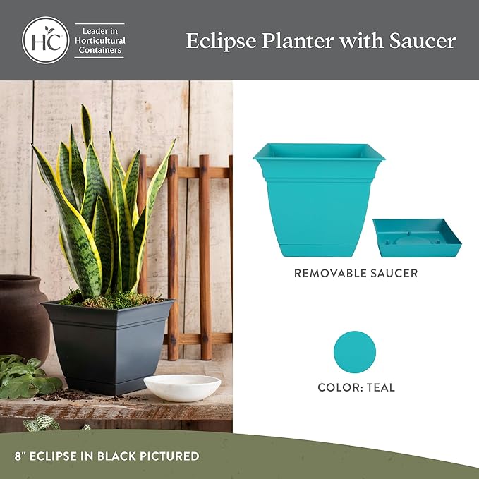 The HC Companies Eclipse Square Plastic Planter w/Attached Saucer - Outdoor & Indoor Plant Pot with Drainage Holes - Lightweight, UV-Resistant Plastic Pots for Plants (10" Teal, Pack of 1)