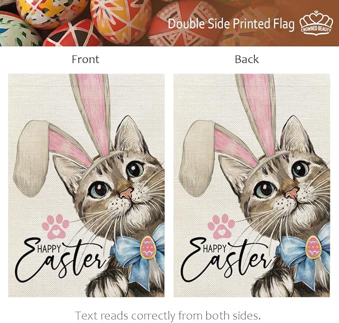 CROWNED BEAUTY Happy Easter Cat Garden Flag 12x18 Inch Double Sided for Outside Small Burlap Rabbit Ear Holiday Yard Decoration CF1729-12
