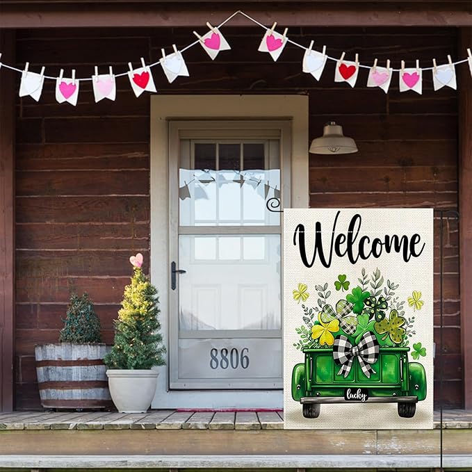 St Patricks Day Truck Garden Flag 12x18 Inch Double Sided Outside Shamrocks Clovers Welcome Yard Flag for Outdoor Farmhouse Holiday Outside Decoration