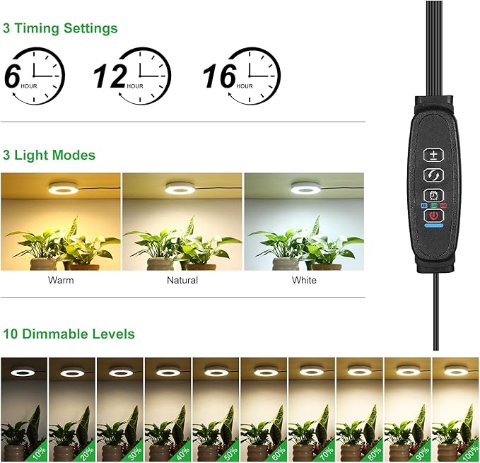 3 Head White Halo Angel Ring Ceiling LED Plant Growth Lights for Shelf, 3000K+6000K Full Spectrum Grow Lamps for Plant Growth Indoor Plants with 6/12/16H Timer, 3 Spectral Modes, 10 Dimmable Levels