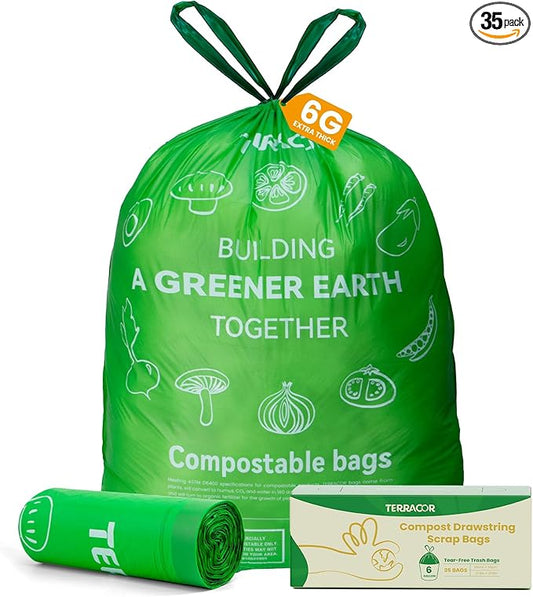 6 Gallon Compostable Trash Bags Drawstring, Heavy Duty Extra Thick 1 Mil, 35 Bags, Tall Kitchen Food Scrap Waste Bag, ASTM D6400