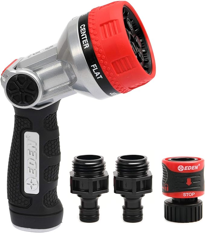 Eden 94805 Metal Thumb Control Heavy Duty Garden Hose Nozzle, High Pressure Water Sprayer W/ 7 Adjustable Patterns, W/Quick Connect Set for Plants, Lawn, Garden