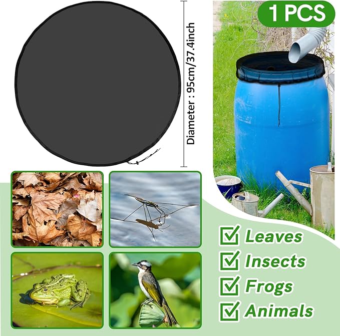 Mesh Cover for Rain Barrel - 37.4 Inch Fine Mesh Water Barrel Screen with Drawstring, Reusable Water Collection Buckets Net for Preventing Fallen Leaves Debris Small Objects in Outdoor Garden