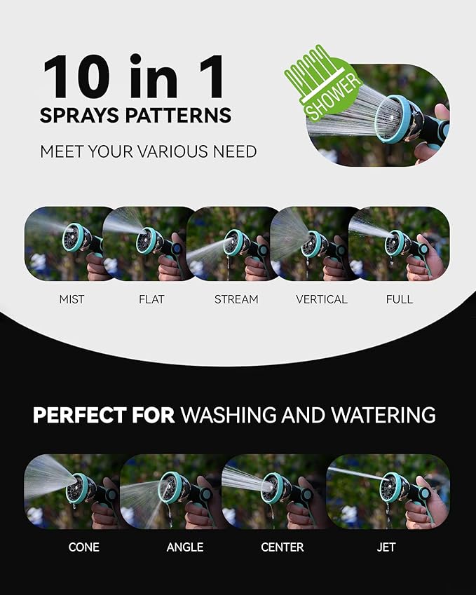RAINPOINT Spray Nozzles for Garden Hose - 10 Spray Patterns Garden Hose Nozzle with Adjustable Flow Control for Watering Plants, Washing Cars,Washing Pets, Thumb Control (Celeste)