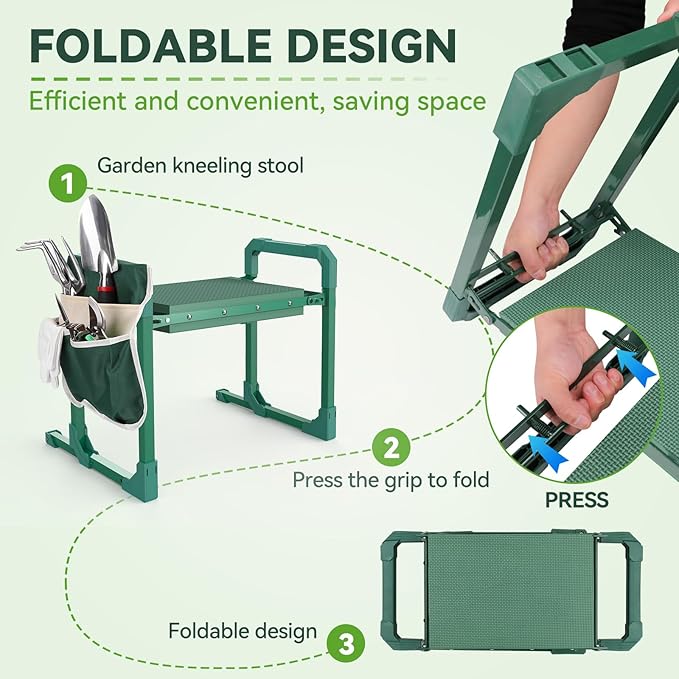 Garden Kneeler and Seat with Anti-Tipping Design, 2-in-1 Heavy Duty Foldable Gardening Stool, Thick Soft Kneeling Pad, 2 Tool Pouches, 400 lbs - Perfect Gardening Gift for Women, Men, Seniors (Green)