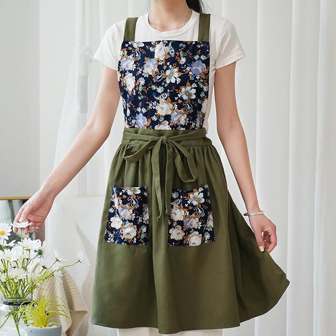 Vintage Pinafore Apron Dress for Women with Pockets Cute Floral Chef Aprons for Kitchen Cooking Baking Gardening